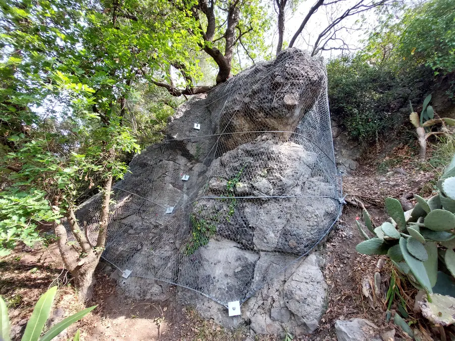 Boulder wrapped in a net in a garden