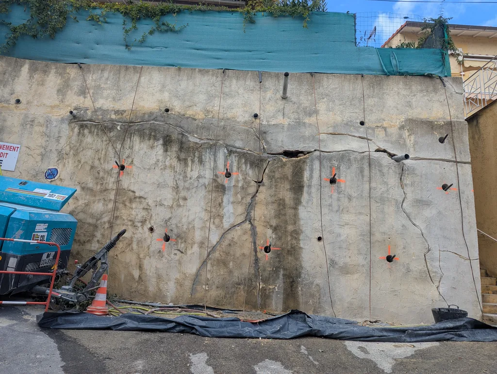 Cracked wall drilled for anchor installation