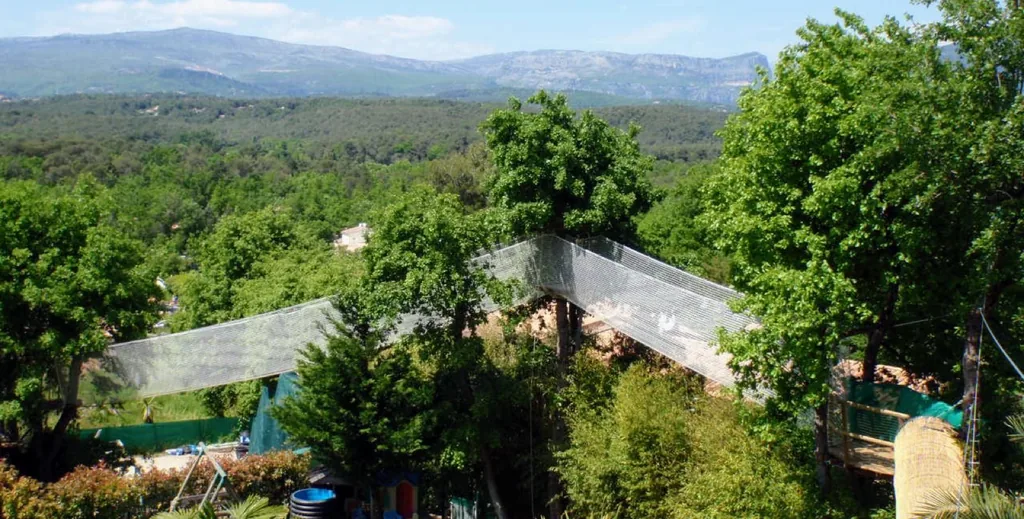 Net walkway in the trees facing the hills